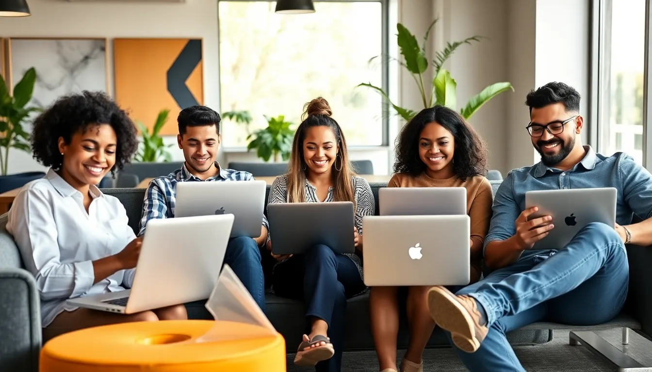 professionals collaborating in a modern coworking space for remote work.