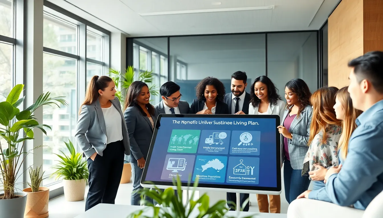 professionals discussing Unilever's Sustainable Living Plan in a modern office.